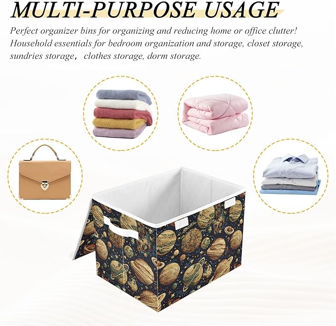 Storage Cube with Lid Embroidery Planet Print 16.5×12.6×11.8 IN Collapsible Large Capacity Foldable Storage Basket Bin Organizer
