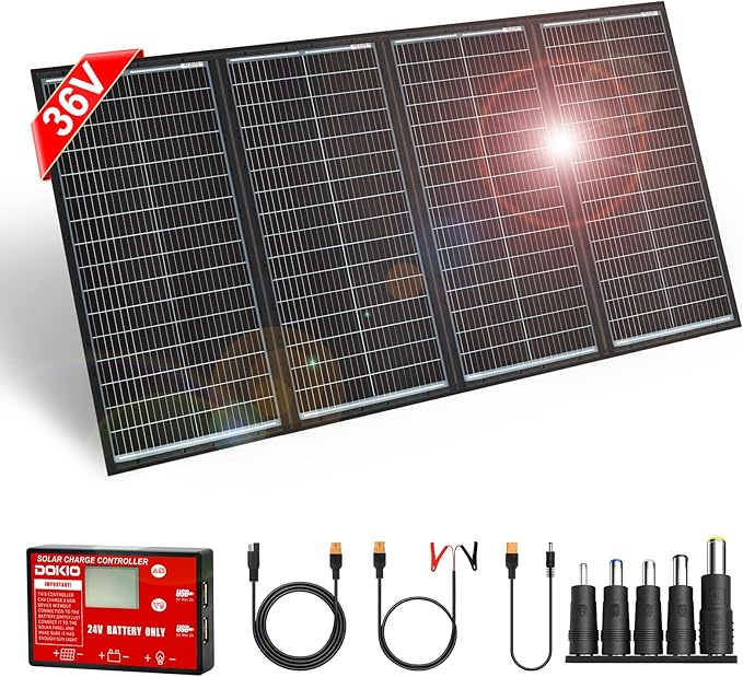 DOKIO 300W 36V Portable Foldable Solar Panel Kit Compact 19x37in Design 15.21lb with Standalone Controller and USB Monocrystalline Charger for 22V Batteries Power Stations RV Camping Emergency Use