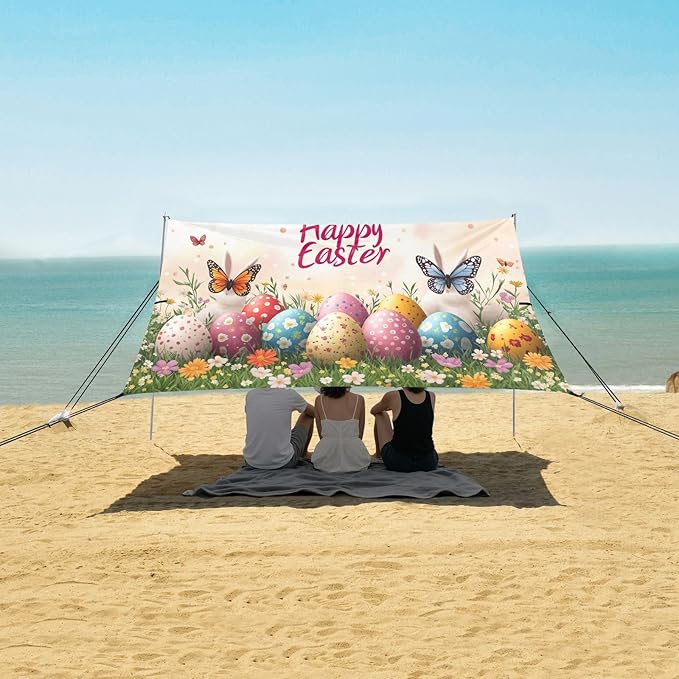 Easter Eggs Spring Meadow Beach Tent Sun Shelter Set UPF50+ UV Protection 10.5 x 9.19 FT Camping Shade Canopy with Sandbags Sand Anchors Carrying Bag and Others