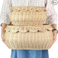 2pcs Hand Woven Rattan Scallopped Baskets with Lid Small Rattan Basket Decorative Wicker Storage Baskets Storage Basket for Living Room Bathroom Bedroom Food Bread Picnic