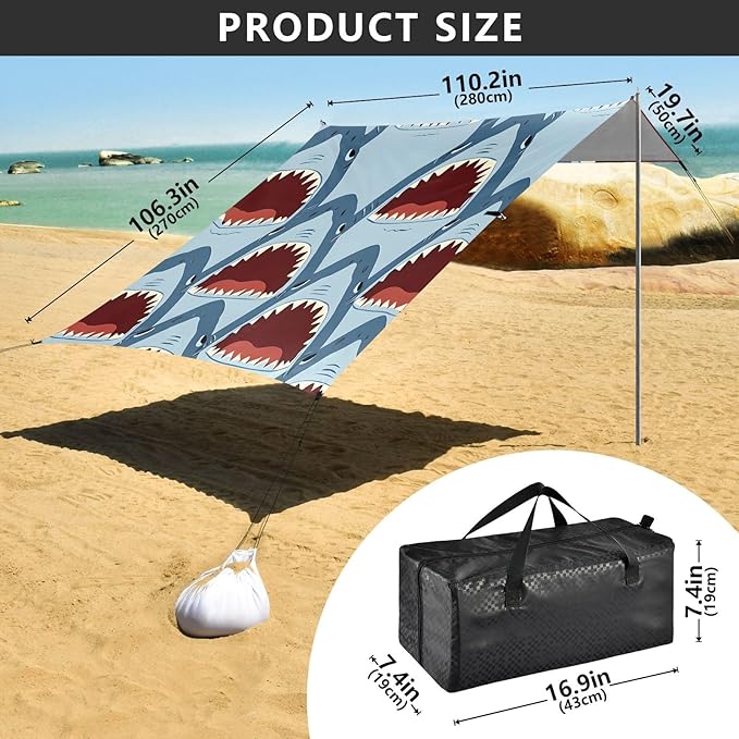 ALAZA Shark with Open Mouth Pattern Beach Tent Sun Shelter Portable Canopy Sunshade for Outdoor Camping Picnics Backyard Fun 10x9 ft