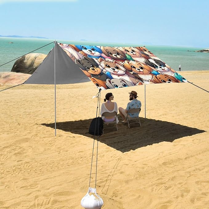ALAZA Cute Dogs Colorful Puppy Beach Tent Sun Shelter UPF50+ Protection Beach Shade Canopy w/ 4 Sandbags for Outdoor Camping Fishing Backyard Fun Picnic 10x9 ft