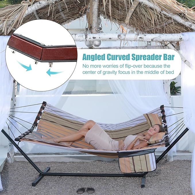 TegerDeger 12FT 2 Person Hammock Large Hammock 450LB Capacity with V Shaped Hardwood Spreader Bar &amp Nylon Rope for Outside Patio Garden Backyard Beach Poolside - Fall Yellow Stripes