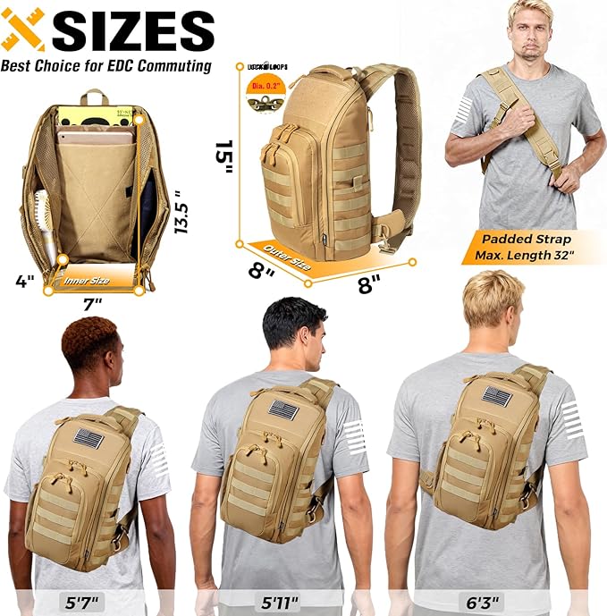 DBTAC Tactical Personal Defense EDC Bags &amp Packs | 10L Military Shoulder Backpack with Sling for Concealed Carry Range Travel Hiking Outdoor Sports (Brown)