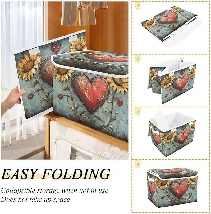 AIXIWAWA Lidded Storage Cube (Vintage Heart Valentine) Fabric Foldable Closet Bins with Flip Lid and Handles Organizer Basket Container 16.5 x 12.6 x 11.8 IN