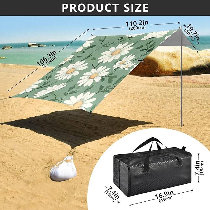 ALAZA Daisy Spring Flowers Vintage Green Beach Tent Sun Shelter Portable Canopy Sunshade for Outdoor Camping Picnics Backyard Fun 10x9 ft
