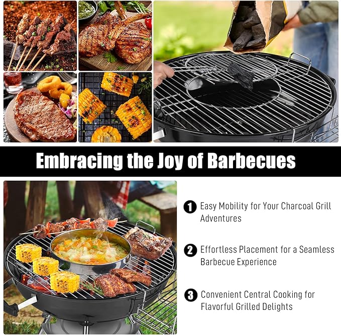 Outvita Charcoal Grill 22 inch Stainless Steel BBQ Charcoal with Wheels and Storage Holder for Camping Picnic Barbecue Party Outdoor