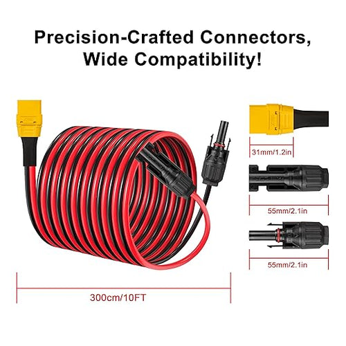 10AWG 10FT Solar Panel to XT90 Female Adapter Cable 300V 30A with Standard Solar Connector for Portable Power Station RV Home Battery Charging