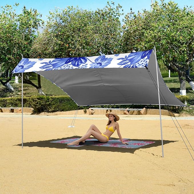 Beach Canopy with Windproof Ropes &amp Sandbags Beach Tent Sun Shade Sun Shelter for Camping Trips Fishing Backyard Fun or Picnics Blue Flowers