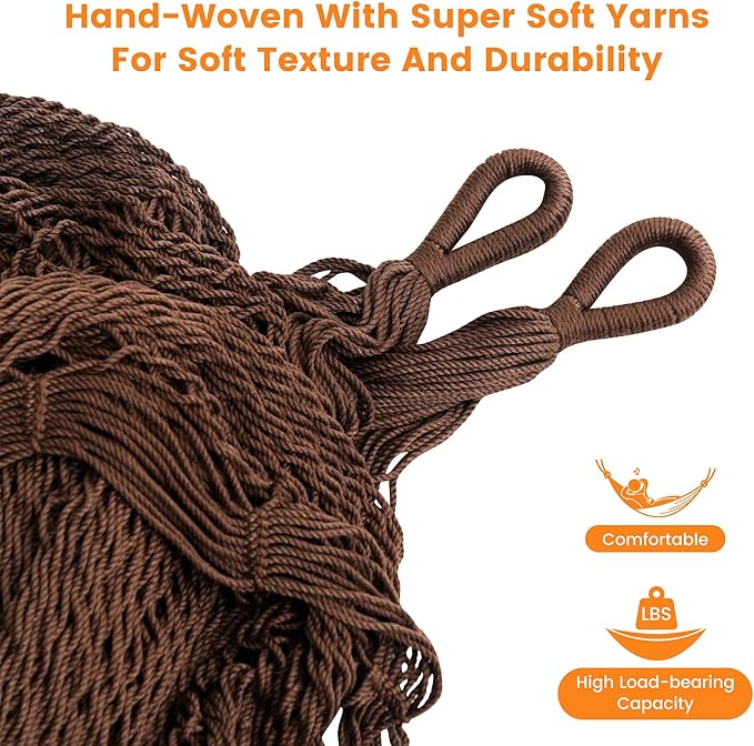 Lazy Daze Hammocks Handwoven Mayan Hammock 10.5 FT Soft Rope Double Hammocks Portable Outdoor Hammock with Carry Bag 2 Straps &amp Carabiners for Patio Outside 550 lbs Weight Capacity Coffee