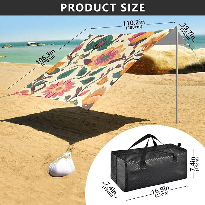 ALAZA Indian Tribal Orange Floral Beach Tent Sun Shelter Portable Canopy Sunshade for Outdoor Camping Picnics Backyard Fun 10x9 ft