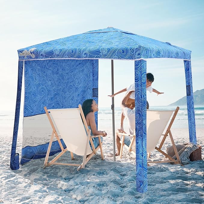 Jihfmo Beach Cabana 6.2'×6.2' Beach Canopy with Side Wall UPF 50+ UV Protection Easy Setup Tent Sun Shelter with Sand Pockets for Whole Family(Surging Waves)
