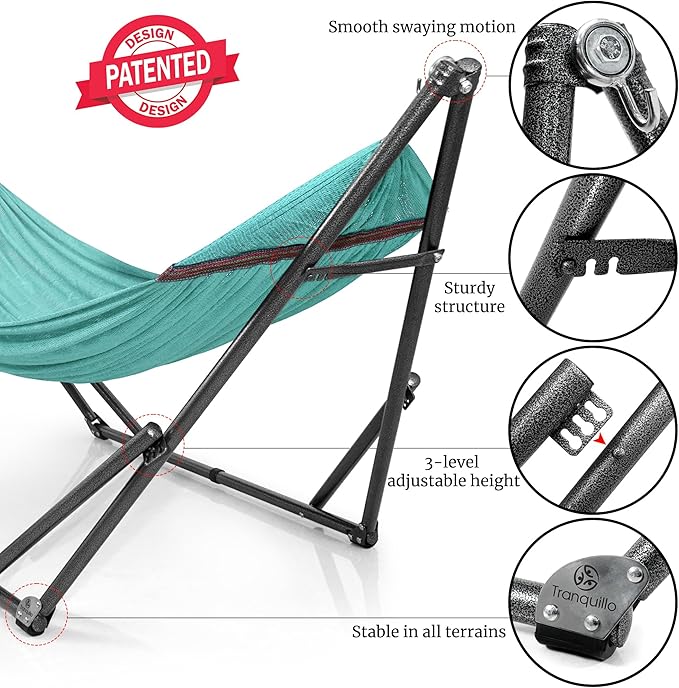 Tranquillo Universal Double Hammock with Stand Included for 2 Persons/Foldable Hammock Stand 600 lbs Capacity Portable Case - Inhouse Outdoor Camping Sky