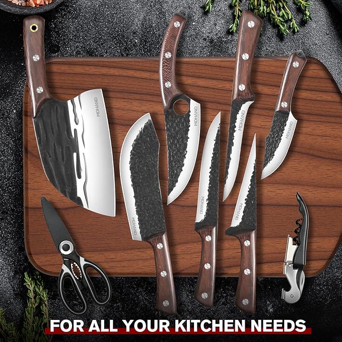 MDHAND Butcher Knife Set 18PCS Hand Forged Viking Kitchen Serbian Chef Knife with Roll Bag Heavy Duty Meat Cleaver &amp Brisket Knives for BBQ Outdoor Camping Meat Cutting Tools Gifts for Men Wo