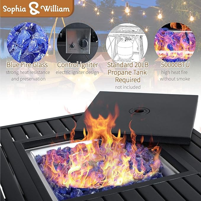 Sophia &amp William Gas Fire Pit Table 28 Inch 50000BTU Square Outdoor Propane FirePits 2 in 1 Auto-Ignition Patio Fireplace for Outside with Lid and Blue Fire Glass Black