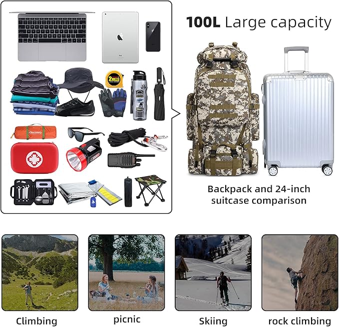 100L Camping Hiking BackpackMolle military Tactical rucksack backpackWaterproof Lightweight Hiking Backpack