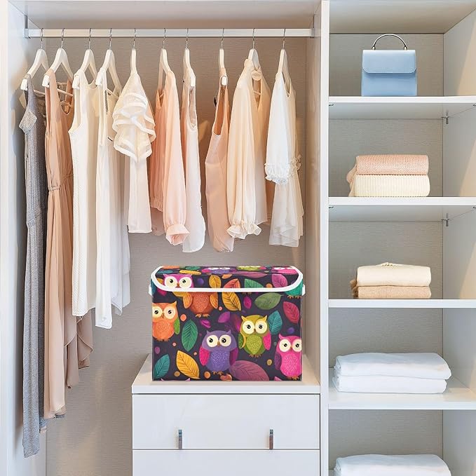 Storage Bins with Lids Storage Containers Box Organizer Bin Basket with Handles for Closet Shelves Clothes Stackable Foldable Decorative Black Owl and Leaves