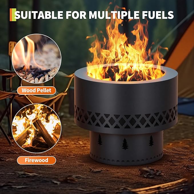 GarveeLife 16 Inch Smokeless Fire Pit Wood Burning Outdoor Fireplace with Removable Ash Pan &amp Dust Bag - Ideal for Patio BBQ Bonfire Camping