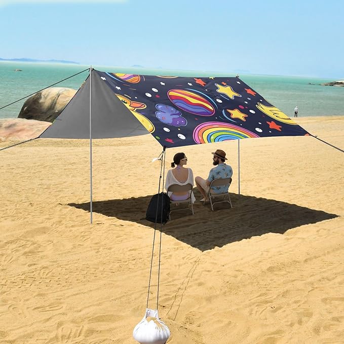 ALAZA Yellow Duck Rainbow Beach Tent Sun Shelter UPF50+ Protection Beach Shade Canopy w/ 4 Sandbags for Outdoor Camping Fishing Backyard Fun Picnic 10x9 ft