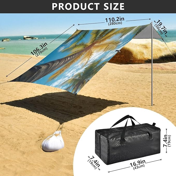 Summer Palm Trees Beach Tent Sun Shelter Set UPF50+ UV Protection 10.5 x 9.19 FT Camping Shade Canopy with Sandbags Sand Anchors Carrying Bag and Others