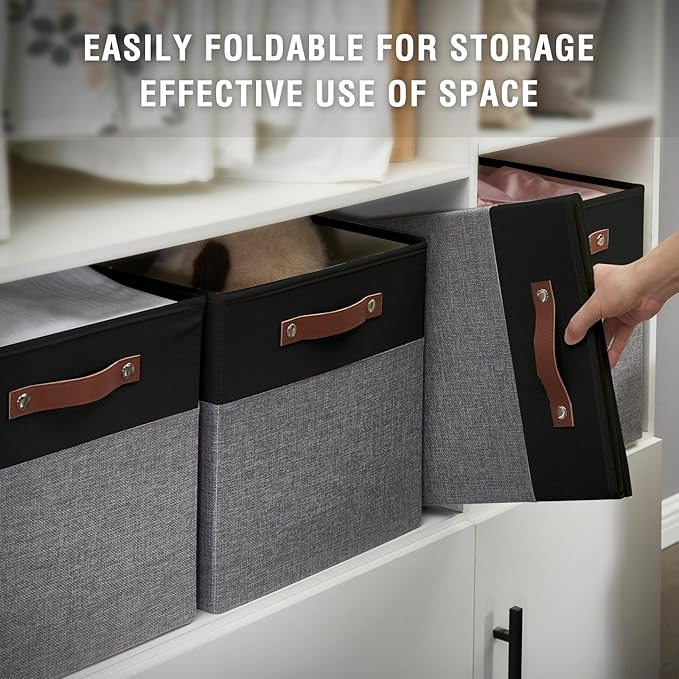 Collapsible Fabric Storage Cube Bins with 2 Reinforced PU Handles Foldable Storage Organizer Baskets for Closet Shelves Living Room | 11x11x11 4 Pack Black &amp Gray