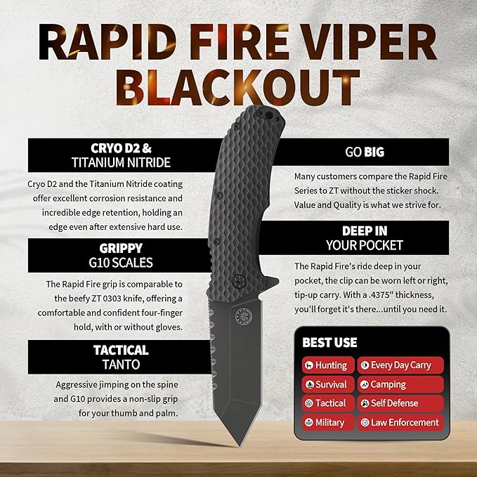 Off-Grid Knives - Rapid Fire Viper Assisted Tanto Blade Hard Use Build Tactical Camping &amp Survival EDC Cryo D2 Steel Blackwash G10 Scales Deep Pocket Carry (Blackout)