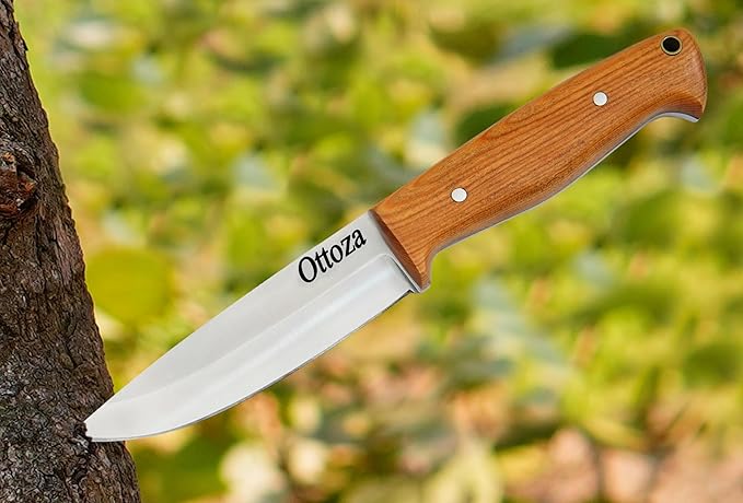 Ottoza Full Tang Bushcraft Knife with 1095 Carbon Steel Fixed Blade - Survival and Outdoor Camping Knife - Black Cross Draw Sheath and Olive Wood Handle 396
