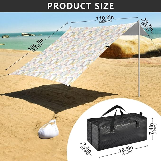 ALAZA Colorful Geometric Circle Beach Tent Sun Shelter UPF50+ Protection Beach Shade Canopy w/ 4 Sandbags for Outdoor Camping Fishing Backyard Fun Picnic 10x9 ft