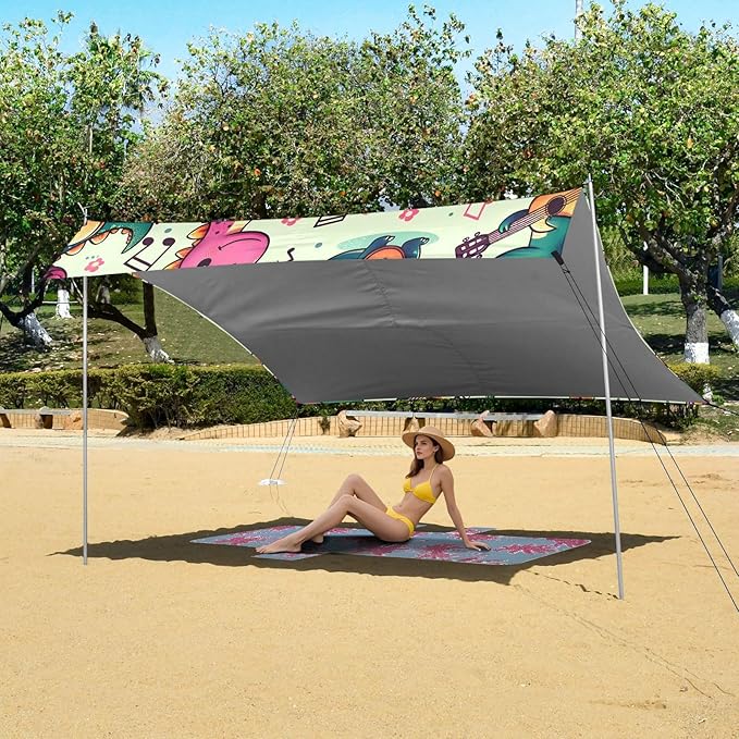 ALAZA Dinosaur Dino Music Beach Tent Sun Shelter UPF50+ Protection Beach Shade Canopy w/ 4 Sandbags for Outdoor Camping Fishing Backyard Fun Picnic 10x9 ft