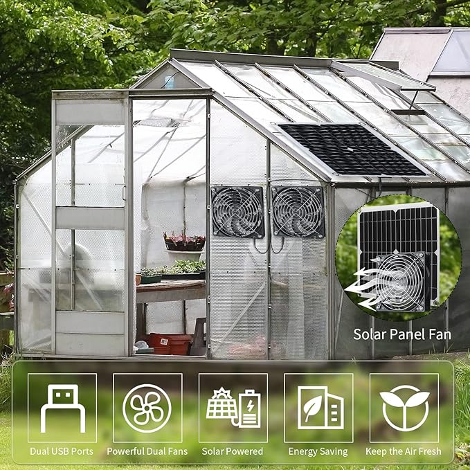 Riakrum 20W 16V Solar Panel Exhaust Fan Kit USB Portable Solar Powered Fan Summer Outdoor Waterproof Ventilator Fan for Chicken Coops Greenhouses Camping Exhaust (2 Sets)