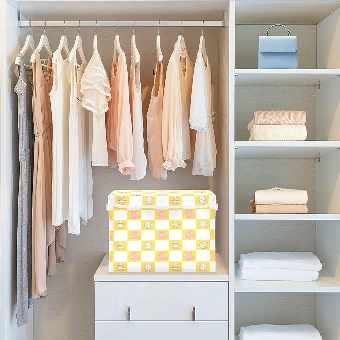 Storage Bins With Lid Stackable Fabric Closet Organizer Clothing Storage Large Boxes For Closet Shelves Bedroom Checkered Yellow Easter Bunny Eggs