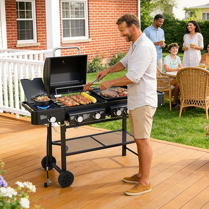 5 Burners Propane Gas Grill and Griddle Combo with Side Burner 3 in 1 Griddle Grill and Porcelain-Enameled Cast Iron Grates 56000 BTU Outdoor Cooking Barbecue Grill Black