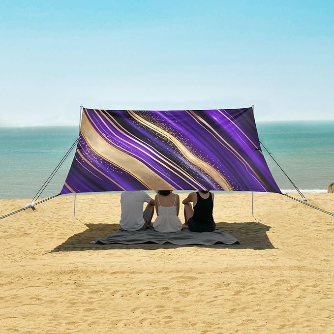 xigua Purple Texture Beach Tent Sun Shelter with Carrying Bag - Silver Coated Oxford Fabric Beach Canopy for Beach Camping Fishing - Includes Windproof Ropes Sandbags &amp Stakes
