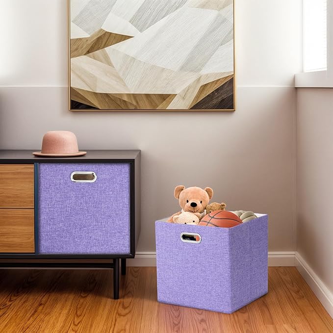 Foldable Cube Storage Bin Organizing Baskets Cubby Boxes Fabric Storage Cubes Organizer Bins with Handles for Organization Shelf Closet 13x13x13 Pack of 4 Purple
