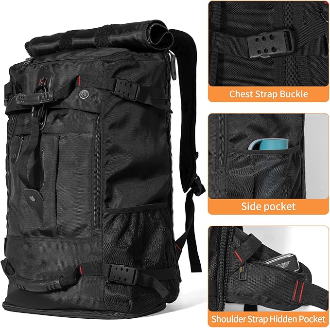 YOUMIAN Large Capacity For Travel Hiking Sports Carry On Backpack Durable Convertible Duffle Bag Laptop airplane (BLack 45L-Normal)