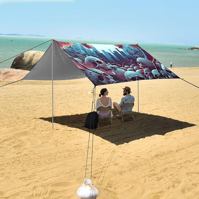 ALAZA Angry Wolf Moon Skull Beach Tent Sun Shelter UPF50+ Protection Beach Shade Canopy w/ 4 Sandbags for Outdoor Camping Fishing Backyard Fun Picnic 10x9 ft
