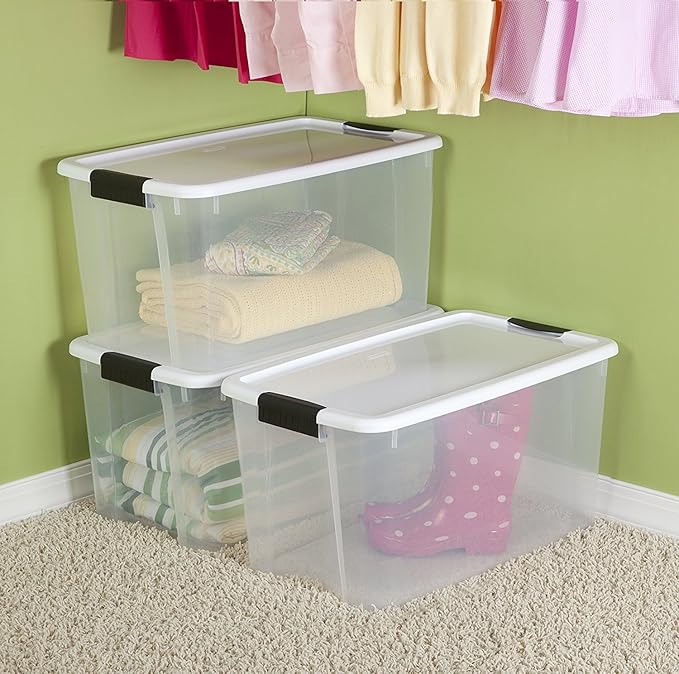 STERILITE 19889804 70 Quart/66 Liter Ultra Latch Box Clear with a White Lid and Black Latches 8-Pack