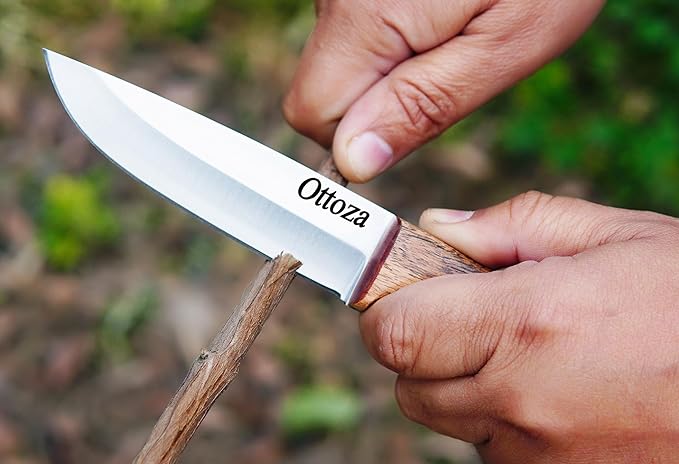 Ottoza Full Tang Bushcraft Knife with 1095 Carbon Steel Fixed Blade - Survival and Outdoor Camping Knife - Black Cross Draw Sheath and Musket Wood Handle 393