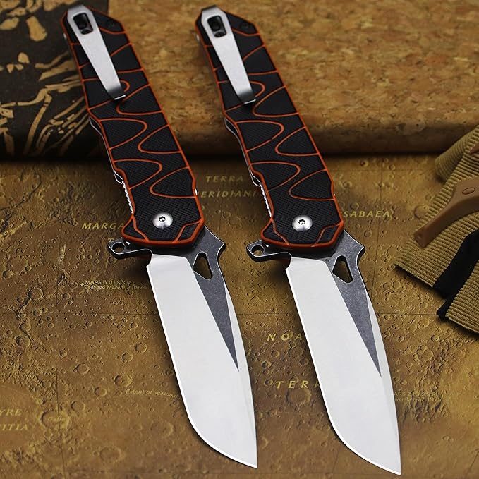 WPKOPYA 8.4in Folding Knife AUS-8 Steel Blade G10 Handle with Anti-Slip Texture Ball Bearing Pivot Stonewashed Finish EDC Pocket Knife for Camping Hiking Survival (AUS-8 (G10 black/orange))