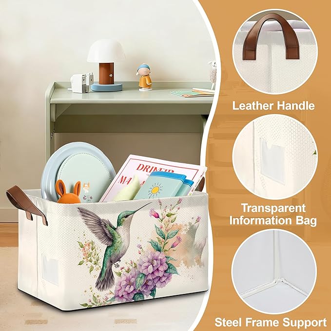 32L Large Storage Bins with Handles Basket Organizer for Shelves Closet Books Laundry &amp Home Decor (Hummingbird Flower)