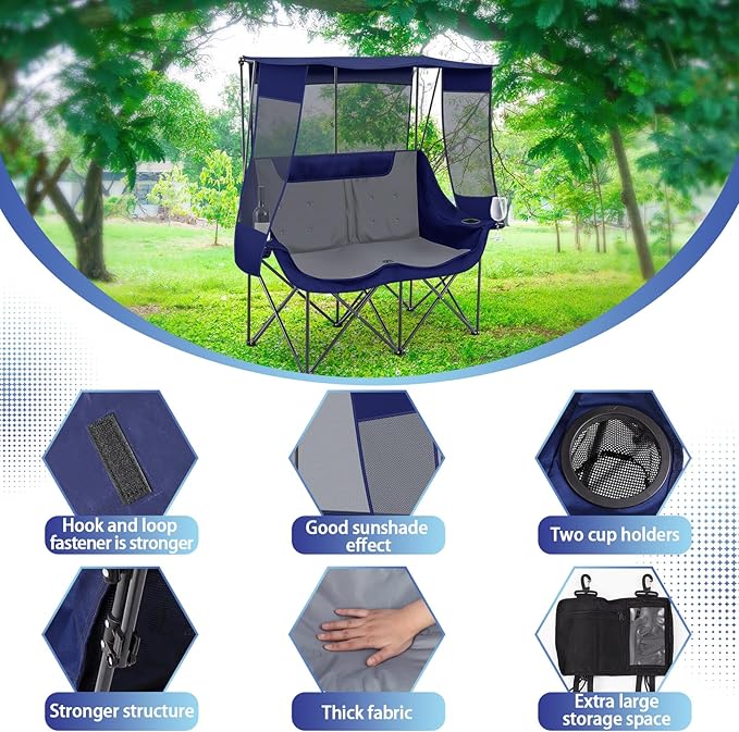 Teenyyou Double Camping Chair with Canopy Shade 660lbs Heavy Duty Beach Chair Portable Folding 2 Person Camping Loveseat with Cup Holder and Storage Bag for Lawn Beach Outdoor Sport(Blue and Grey)