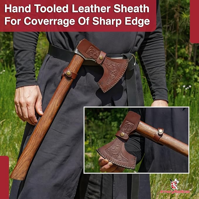 Hand-Forged Viking Battle Axe – Carbon Steel Blade with Draugr Etchings Handle Valknut Engraving Perfect for Collectors and Norse Mythology Enthusiasts