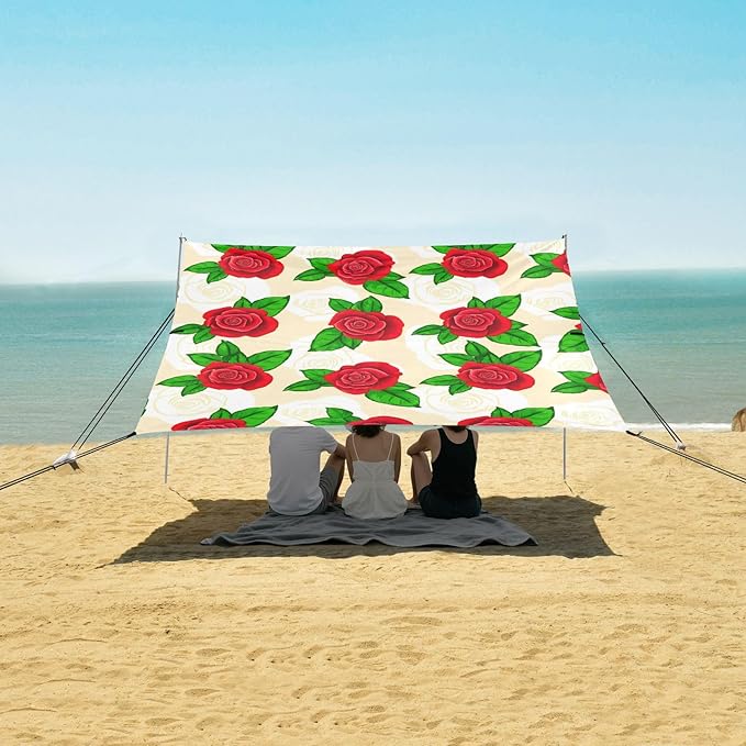 Beach Canopy with Windproof Ropes &amp Sandbags Beach Tent Sun Shade Sun Shelter for Camping Trips Fishing Backyard Fun or Picnics Rose