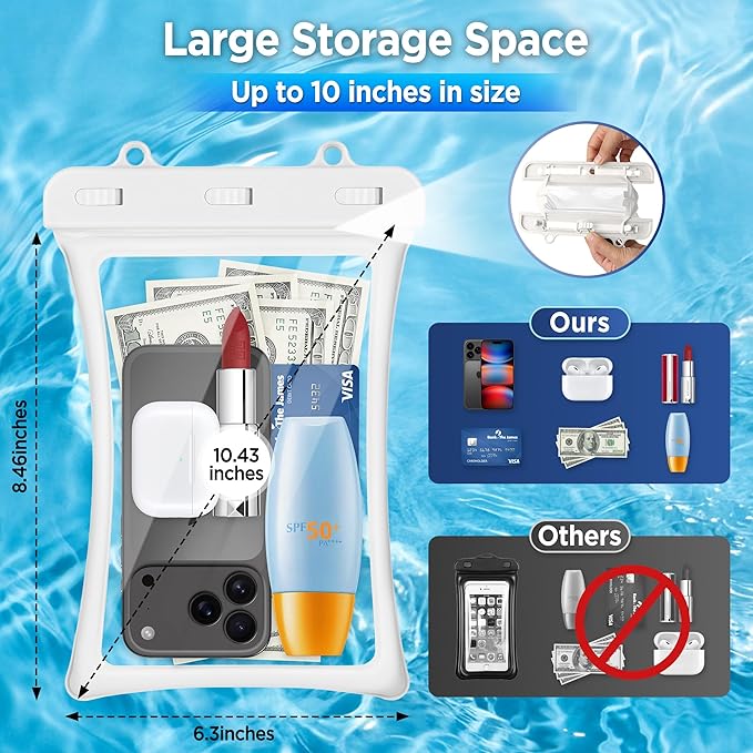 CACOE [Floatable Floating Universal IPX8 Waterproof Phone case 2 Pack-Up to 10.0Adjustable Lanyard Phone PouchDry Bags for Vacation Beach Pool Kayak Cruise Travel Essentials（White+Light Blue）