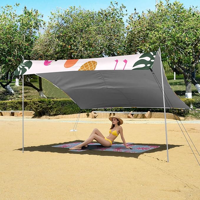 xigua Flamingos Beach Tent Sun Shelter with Carrying Bag - Silver Coated Oxford Fabric Beach Canopy for Beach Camping Fishing - Includes Windproof Ropes Sandbags &amp Stakes