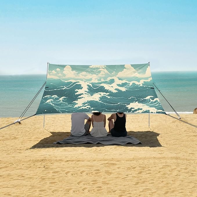 Waves Beach Canopy Sun Shelter with Sandbags &amp Sand Shovel &amp Windproof Ropes - Portable 110x126 Beach Shade Beach Tent for Camping Picnics
