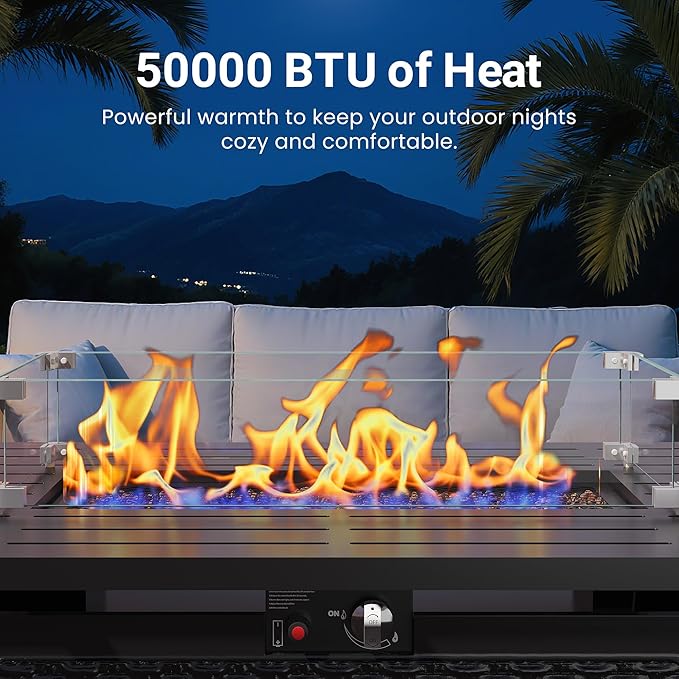 43” Outdoor Propane Fire Table Set with Heavy-Duty Glass Stones Glass Wind Guard Lid &amp Water-Resistant Cover 50000 BTU Metal Fire Pit Table Rectangle Fire Pit Table for Patio Deck