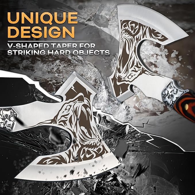 TIVOLI Camping Axe Tiger - Patterned Survival Hatchet with Nylon Sheath High Carbon Steel Blade Compact Outdoor Bushcraft Axe with Ergonomic Wood Grip Camping Gear for Hiking Chopping Hunting
