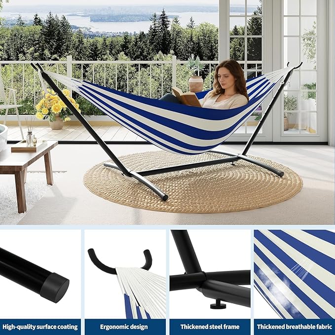 TrailBlaze Double Hammock with Stand Heavy Duty Portable Steel Hammock Set for Outdoor and Indoor Use 500lb Capacity Includes Carrying Bag Space Saving DesignQuick Assembly