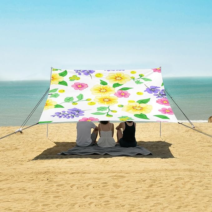 Beach Canopy with Windproof Ropes &amp Sandbags Beach Tent Sun Shade Sun Shelter for Camping Trips Fishing Backyard Fun or Picnics Flowers
